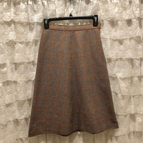 Vintage 70s XS Brown Plaid Pinstripe Wool Skirt - Picture 2 of 3